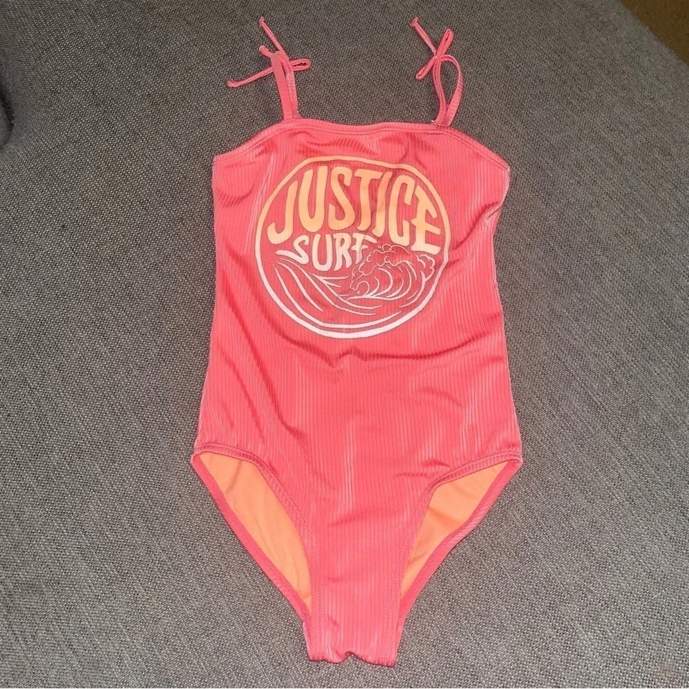Justice surf pink & orange one piece swimsuit, size 10, adjustable straps - Picture 5 of 5